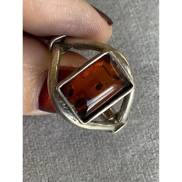 Vintage 925 Sterling Silver Amber Gemstone Ring Size 8 Estate Jewelry - Picture 4 of 8
